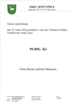 výtěžek Tříkrálové sbírky